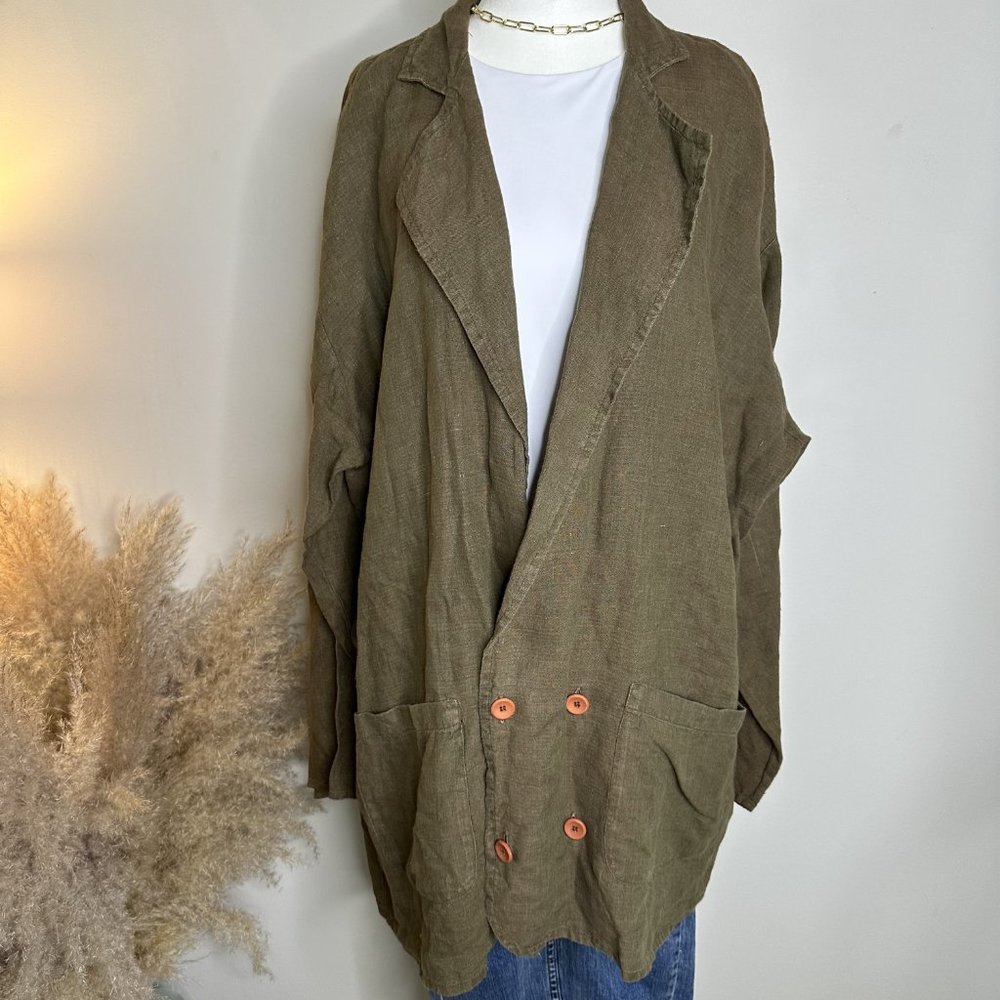 Flax Green Oversized Linen Blazer Large - Picture 2 of 6